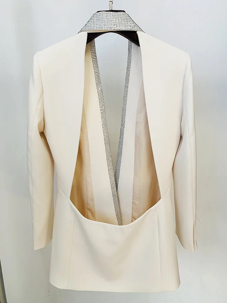 Backless Long Sleeve Diamond Beaded Blazer Dress