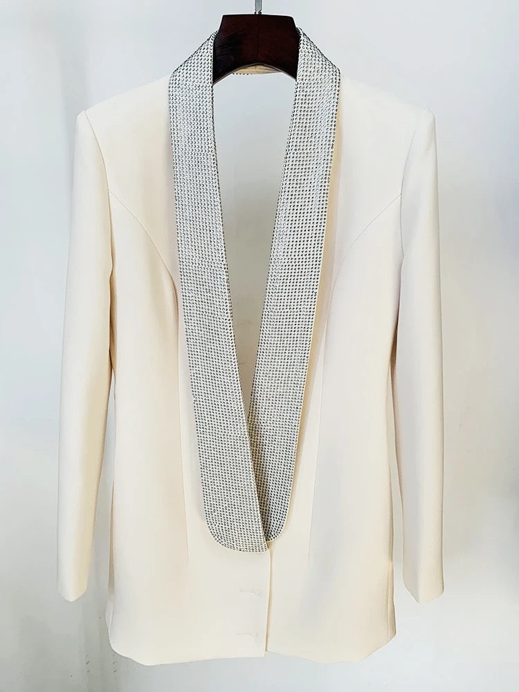 Backless Long Sleeve Diamond Beaded Blazer Dress